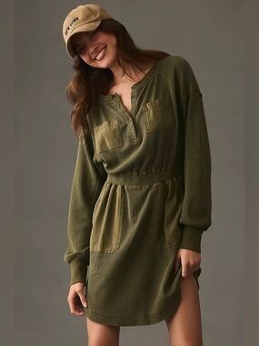 Daily Practice Anthropologie Olive Green Long-Sleeve Henley Dress